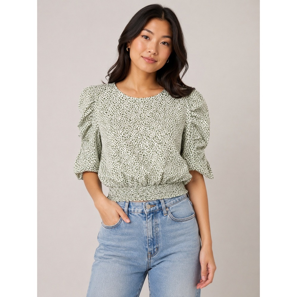 Paper Crane Women Small Sage Green Spotted Puff Sleeve Smocked Waist Crop Top